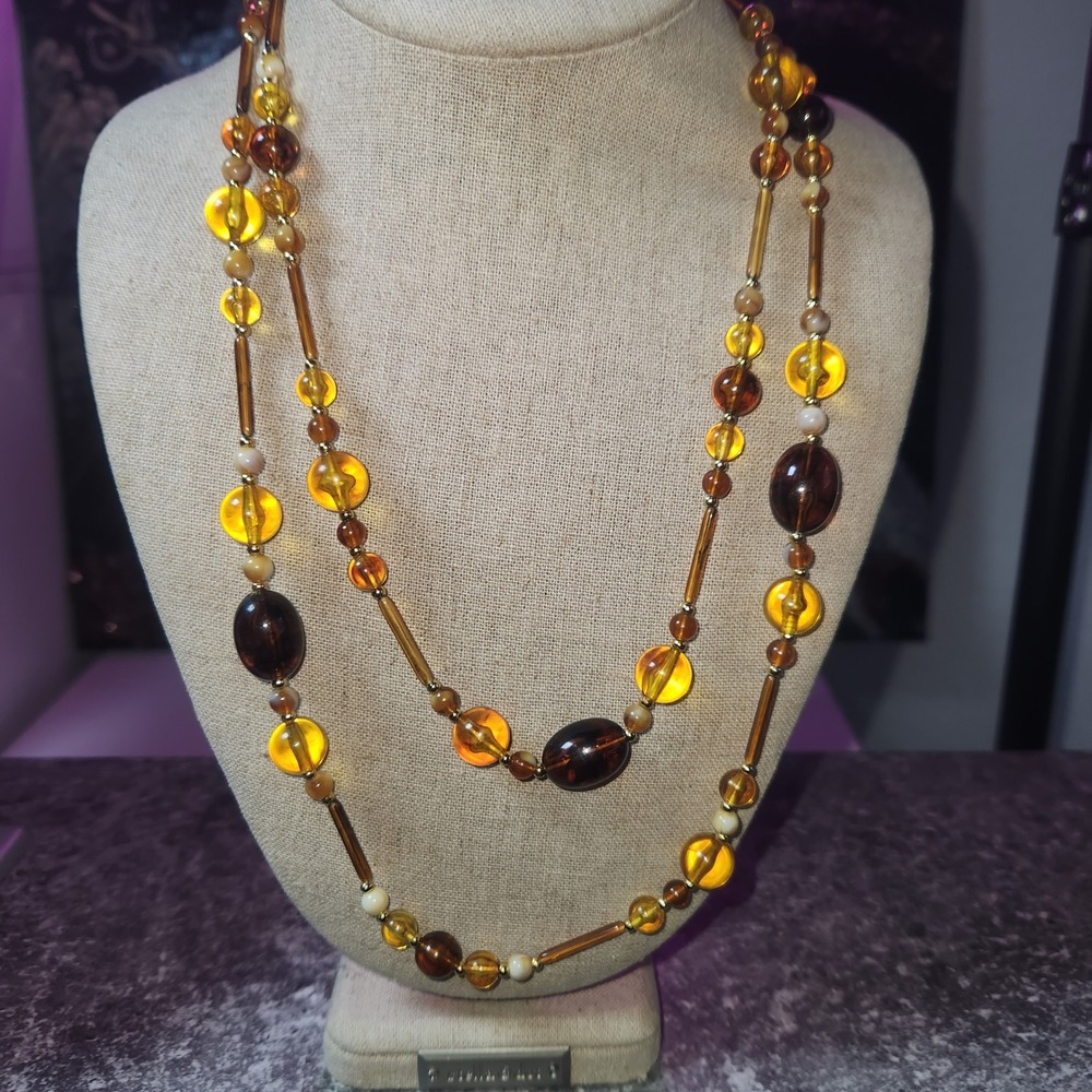Amber Resin Beaded Necklace Honey Brown Cognac Long Layered Style